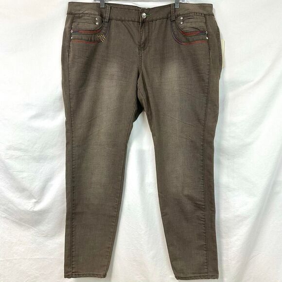 AKADEMIKS NWT Brown Embroidered Straight Slim Jeans Womens Plus 24 2000s Y2K - Picture 1 of 8